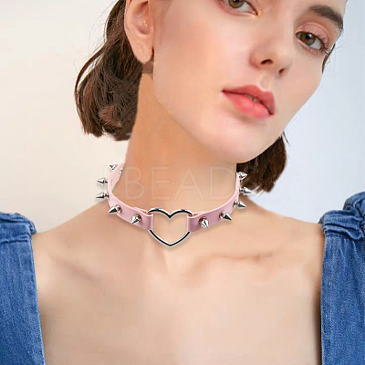 Adjustable Adjustable Gothic PU Leather Alloy Spike Rivet Heart Choker Necklaces for Women NJEW-WH20816-006P-D-1