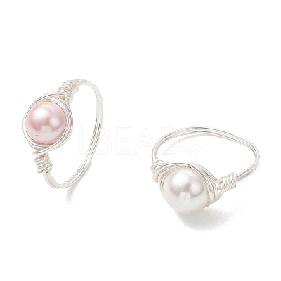 2Pcs Copper Wire Wrapped Shell Pearl Round Bead Finger Rings RJEW-JR00973-1