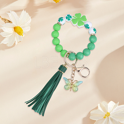 1Pc Butterfly with Clover Silicone & Imitation Leather Tassel Keychains HJEW-BM0001-89-1