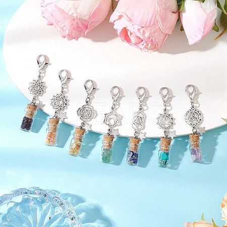 Chakra Natural Lapis Lazuli & Amethyst & Carnelian & Citrine & Garnet & Green Aventurine & Synthetic Turquoise Chips inside Glass Wishing Bottle Pendant Decoration HJEW-JM03308-1