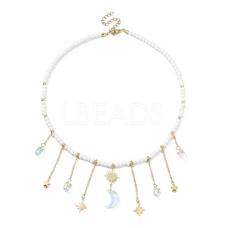Brass  Moon & Star Charms Bib Necklace with Glass Beaded Chains NJEW-TA00101-1