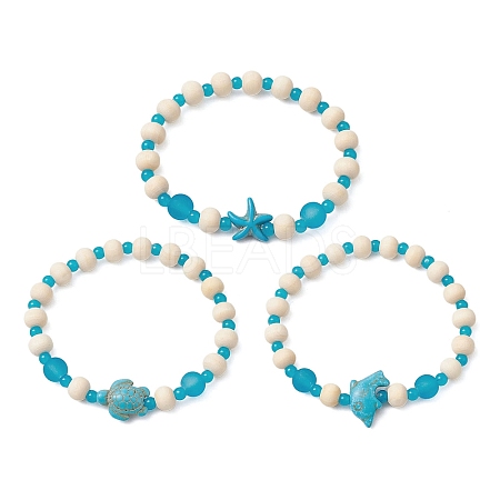 3Pcs Synthetic Turquoise & Wood & Glass Beaded Stretch Bracelets for Women BJEW-JB11124-1