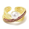 Cubic Zirconia Criss Cross Open Cuff Ring with Plastic Pearl Beaded RJEW-K247-04G-2