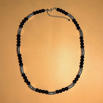 Vintage Frosted 8MM Natural Black Onyx(Dyed & Heated) Round Beaded Necklaces with Alloy Tube for Men QJ9371-1