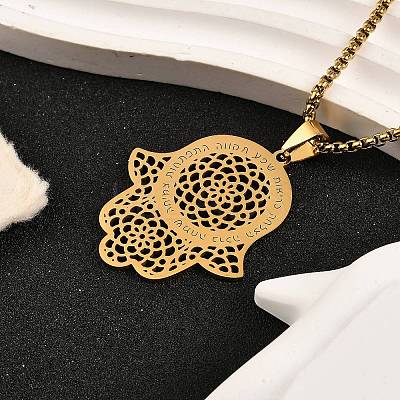 201 Stainless Steel Hollow Religion Hamsa Hand Pendant Necklaces NJEW-M086-01G-1