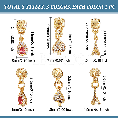 9Pcs 9 Style Rack Plating Brass Micro Pave Clear Cubic Zirconia Pendants ZIRC-OC0001-03-1