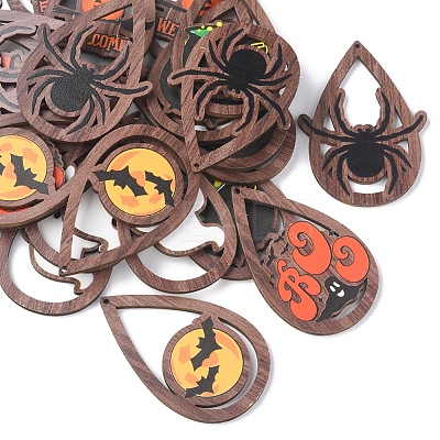 24Pcs 6 Styles Halloween Theme Single Face Printed Aspen Wood Big Pendants WOOD-FS0001-02-1