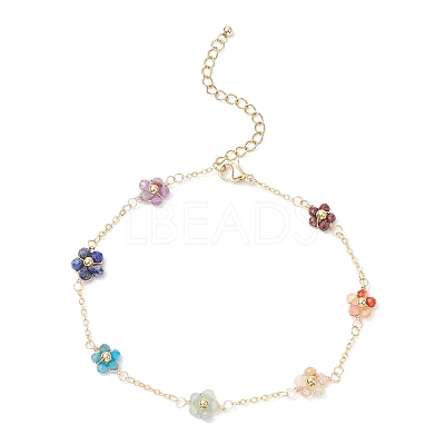 Chakra 304 Stainless Steel & Brass & Natural Green Aventurinee/Garnet/Amethyst/Apatite/Gold Rutilated Quartz/Carnelian/Lapis Lazuli Bead Flower Link Chain Anklets for Women AJEW-AN00692-1