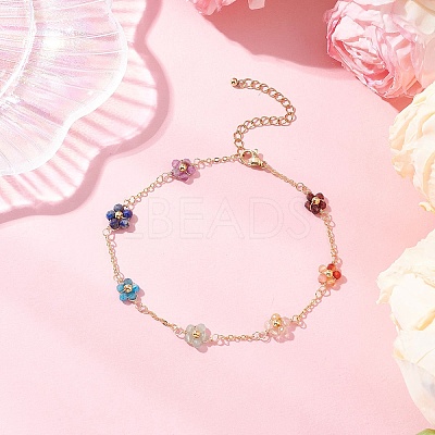 Chakra 304 Stainless Steel & Brass & Natural Green Aventurinee/Garnet/Amethyst/Apatite/Gold Rutilated Quartz/Carnelian/Lapis Lazuli Bead Flower Link Chain Anklets for Women AJEW-AN00692-1