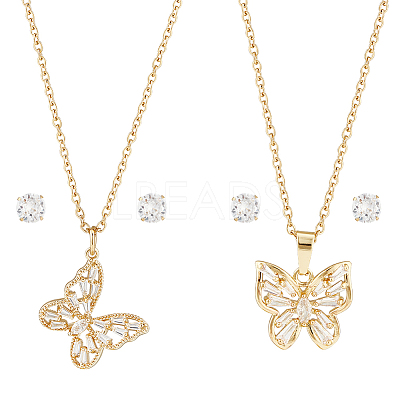 2 Sets 2 Styles Clear Cubic Zirconia Stud Earrings & Butterfly Pendant Necklaces Set SJEW-HY0001-01-1