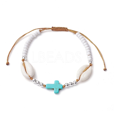Corss Synthetic Turquoise & Natural Cowrie Shell Braided Bead Bracelets BJEW-JB10357-02-1