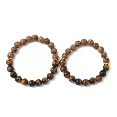 2Pcs 2 Styles Natural Tiger Eye & Wood Round Beaded Stretch Bracelets Sets for Men Women BJEW-JB12350-1
