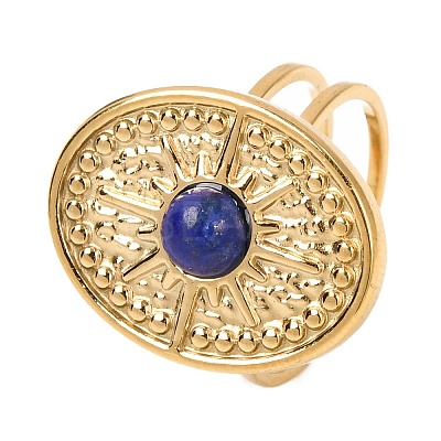 Oval with Sun Natural Lapis Lazuli Finger Rings RJEW-Q822-40G-02-1