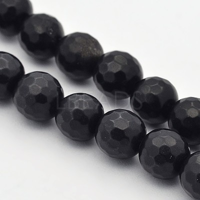 Faceted Round Natural Black Stone Beads Strands G-E302-066-8mm-1