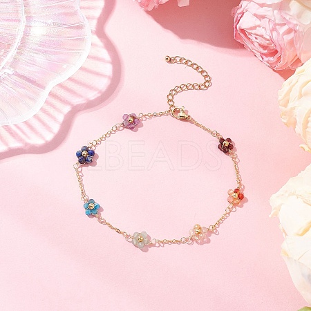 Chakra 304 Stainless Steel & Brass & Natural Green Aventurinee/Garnet/Amethyst/Apatite/Gold Rutilated Quartz/Carnelian/Lapis Lazuli Bead Flower Link Chain Anklets for Women AJEW-AN00692-1