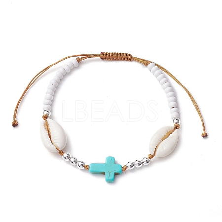 Corss Synthetic Turquoise & Natural Cowrie Shell Braided Bead Bracelets BJEW-JB10357-02-1