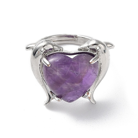 Natural Amethyst Dolphin & Heart Adjustable Rings RJEW-K241-02P-03-1