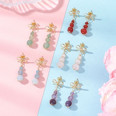 Natural Mixed Stone Bowknot with Round Dangle Stud Earrings EJEW-JE06780-1