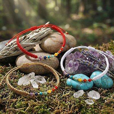 3Pcs Adjustable Chakra Natural & Synthetic Mixed Stone Round Bead Braided Bracelet Sets ZZ4943-4-1