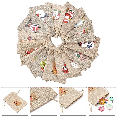 30Pcs 15 Styles Christmas Printed Jute Cloth Storage Pouches ABAG-YW0001-10-1