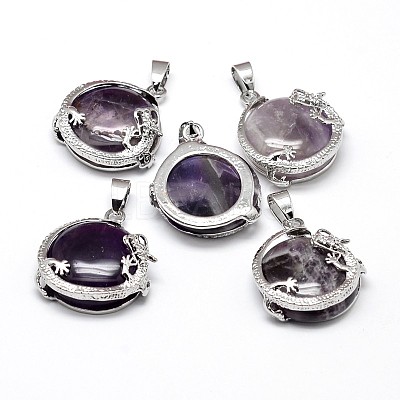 Flat Round with Dragon Platinum Plated Brass Natural & Synthetic Mixed Stone Pendants G-F228-24-RS-1