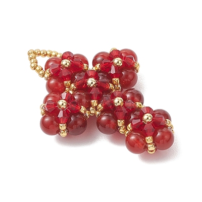 Natural Carnelian Round Beads & Glass Seed Beaded Cross Pendants PALLOY-MZ01151-01-1