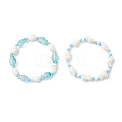 2Pcs 2 Styles Natural Shell & Glass & Glass Seed Beaded Stretch Bracelets Set BJEW-JB12209-1