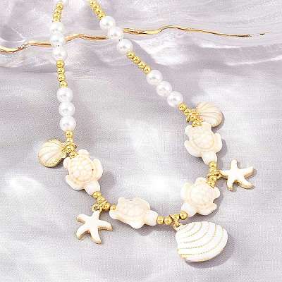 Ocean Brass Enamel Starfish Shell Shape Pendant Round ABS Imitation Pearl Beaded Necklaces KK-CBA4547-04D-G-1