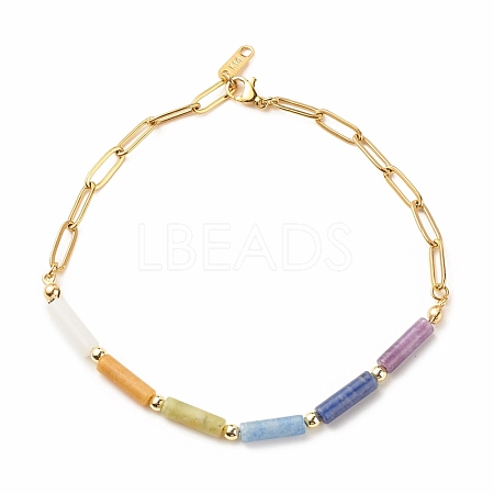 Natural Mixed Gemstone Column Beaded Anklet with Brass Paperclip Chains for Women AJEW-AN00494-1