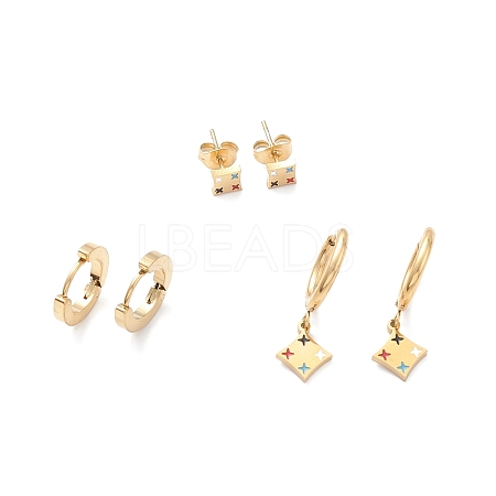 3 Pairs 3 Style Enamel Rhombus with Star Dangle Hoop Earrings EJEW-B020-10G-1