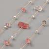 Dyed Light Coral Natural Rose Quartz Nuggets & ABS Plastic Pearl Beaded Chains CHC-CJC0004-01KCG-3