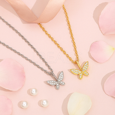2Pcs 2 Colors Brass Micro Pave Clear Cubic Zirconia Butterfly Pendant Iron Chain Necklaces for Women NJEW-HY0001-20-1