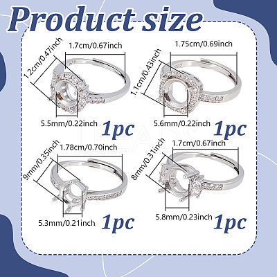 4Pcs 4 Styles Brass Rhinestone Adjustable Ring Components KK-NB0004-07-1
