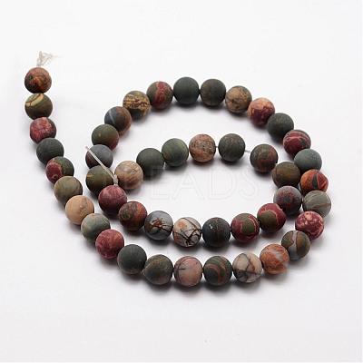 Natural Polychrome Jasper/Picasso Stone/Picasso Jasper Frosted Bead Strands G-O155-03A-10mm-1