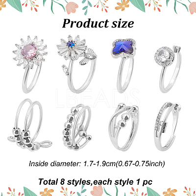 8Pcs 8 Style Flower & Butterfly & Diamond Rhinestone Rotating Open Cuff Rings Set with Glass RJEW-AN0001-12-1