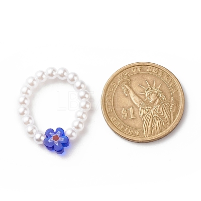 Plastic Imitation Pearl & Millefiori Glass Beaded Finger Ring for Women RJEW-JR00484-1