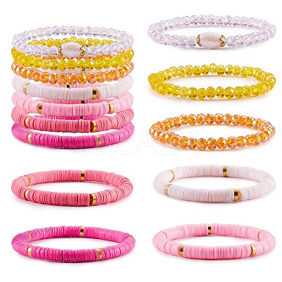 7Pcs 7 Style Handmade Polymer Clay Heishi Surfer Stretch Bracelets Set BJEW-SW00073-01-1