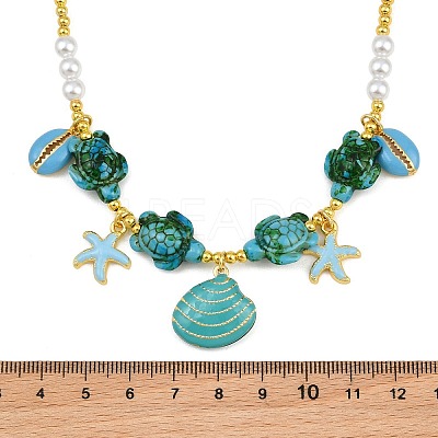 Ocean Brass Enamel Starfish Shell Shape Pendant Round ABS Imitation Pearl Beaded Necklaces KK-CBA4547-04B-G-1