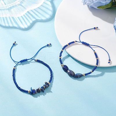 2Pcs Natural Lapis Lazuli & Glass Seed Beads Braided Bead Bracelets for Women BJEW-MZ00247-02-1
