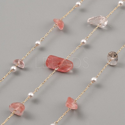 Dyed Light Coral Natural Rose Quartz Nuggets & ABS Plastic Pearl Beaded Chains CHC-CJC0004-01KCG-1