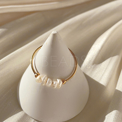 304 Stainless Steel with Natural Baroque Pearl Rondelle Beaded Finger Rings FS-WG39983-02-1