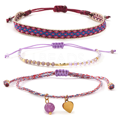 3Pcs 3 Styles Bohemian Adjustable Nylon Cord Braided Bracelet & Glass Beads Braided Bracelet & 304 Stainless Steel Heart Charm Bracelet Set for Women GE8132-1-1