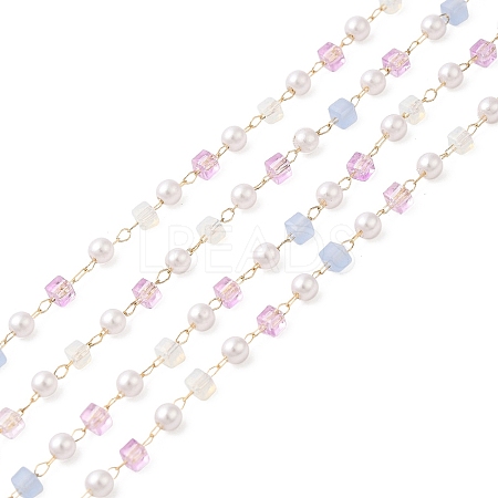 Faceted Cube Glass & ABS Plastic Imitation Pearl Beaded Chains CHS-G026-02KCG-02-1-1