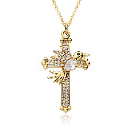 Brass Micro Pave Clear Cubic Zirconia Cross with Bird Pendant Necklaces FS-WG8523C-04-1