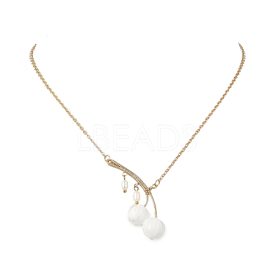 Handmade Lampwork & Cultured Freshwater Pearl Flower Pendant Brass Cable Chain Necklaces for Women NJEW-TA00259-1