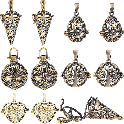 10Pcs 5 Styles Tibetan Style Brass Rack Plating Cage Pendants KK-SC0004-36-1