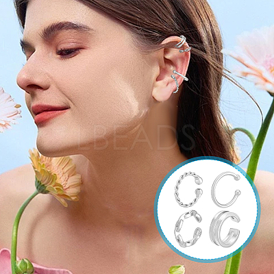 4Pcs 4 Styles 925 Sterling Silver Cuff Earrings EJEW-PH0001-38P-1