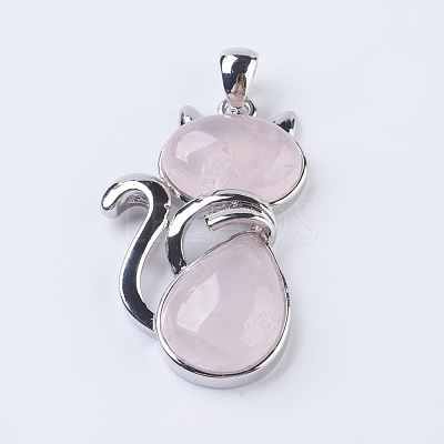 Natural Rose Quartz Kitten Pendants X-G-P352-B07-1