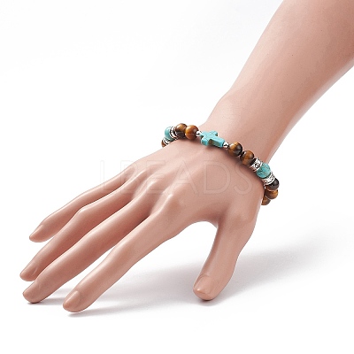 Natural Tiger Eye & Synthetic Turquoise(Dyed) Cross Beaded Bracelet BJEW-TA00179-01-1