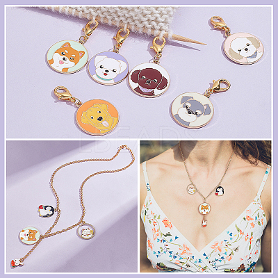 Alloy Enamel Flat Round with Dog Pattern Pendant Locking Stitch Markers HJEW-AB00002-1